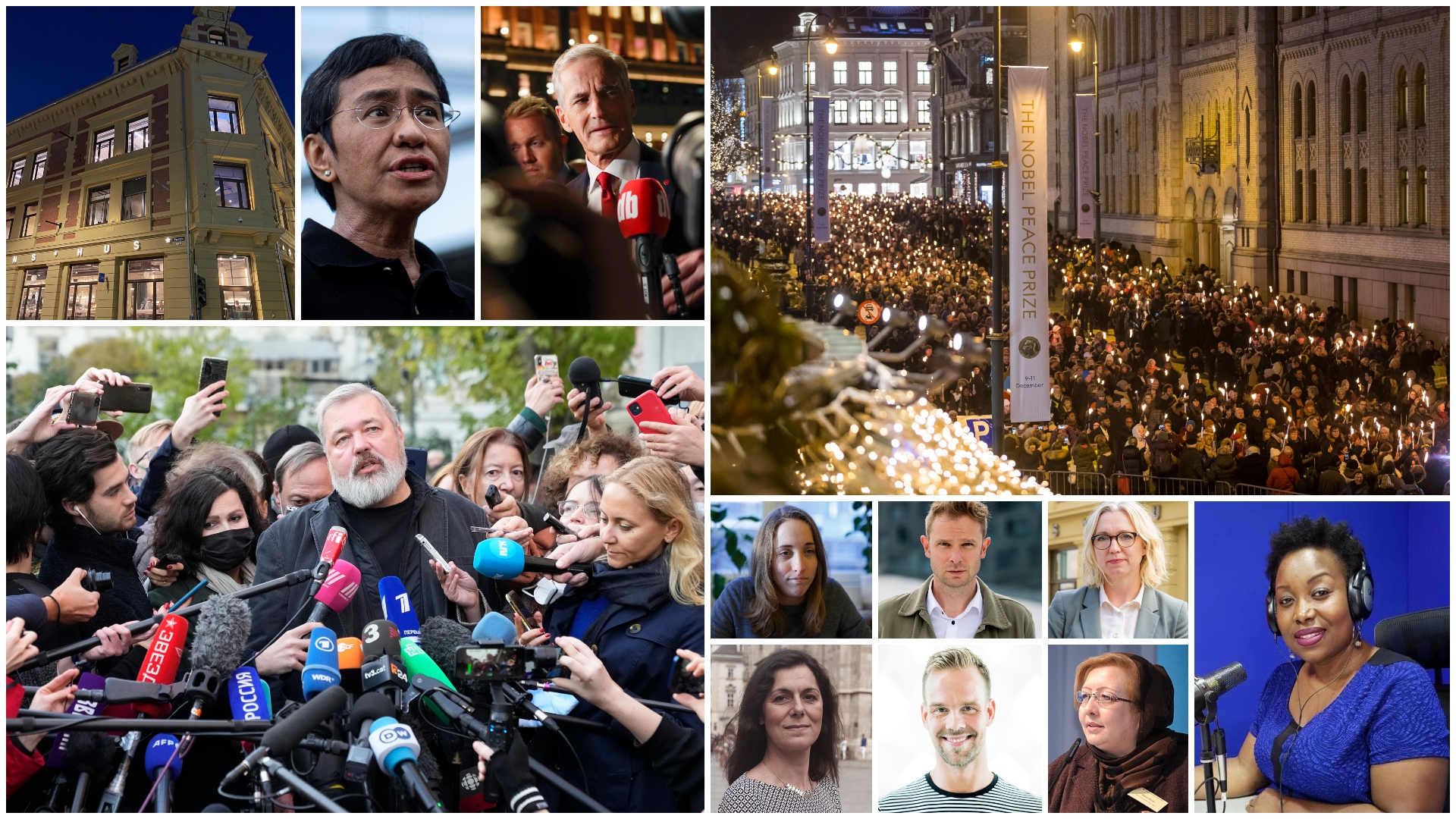 Sammensatt bilde av flere personer som deltar på Pressens hus sin Nobel-uke. Deriblant Maria Ressa, Dmitrij Muratov og Jonas Gahr Støre