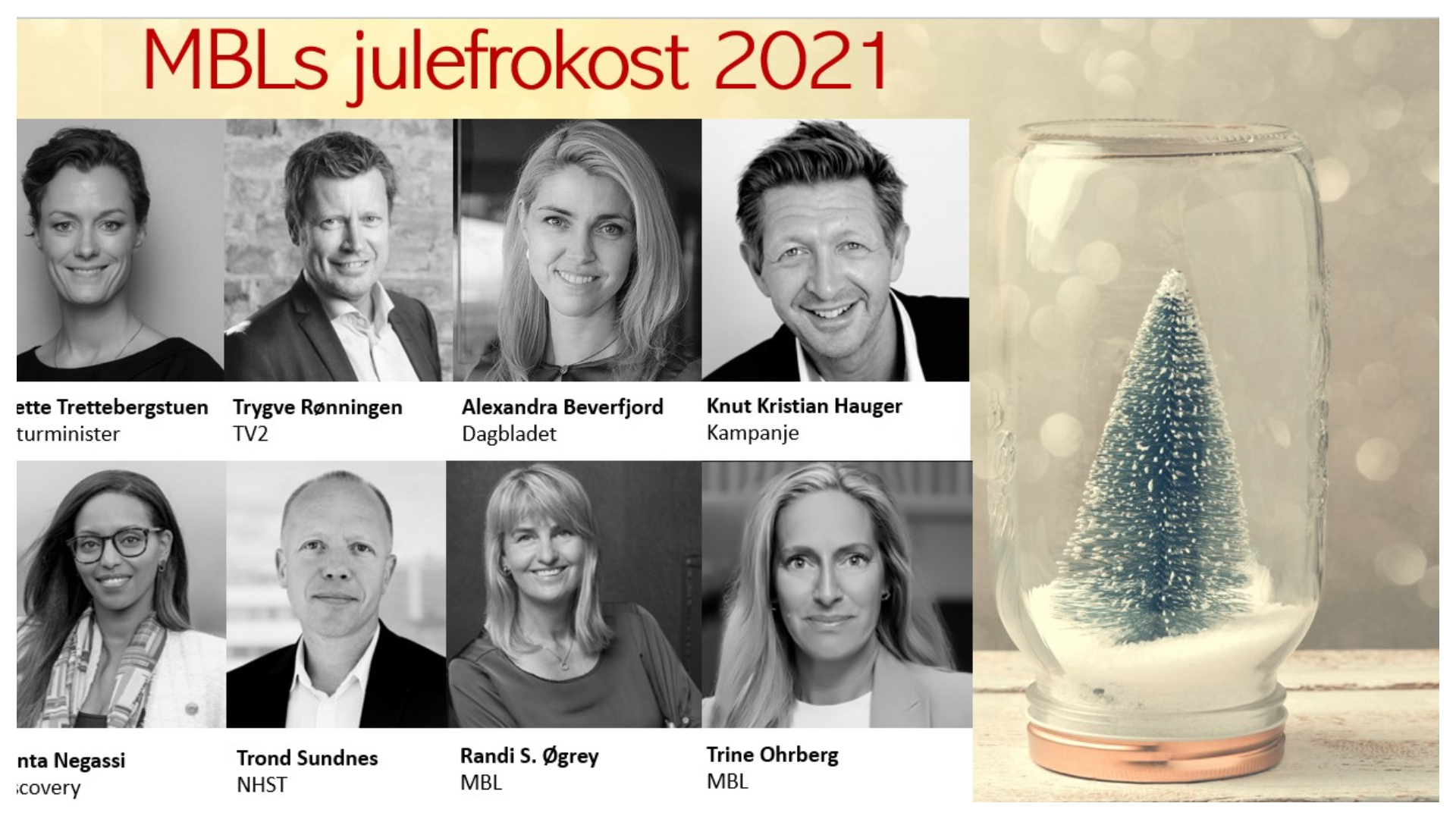 Bildekollasj med deltakere til MBLs julefrokost: Anette Trettebergstuen, Trygve Rønningen, Alexandra Beverfjord, Knut Kristian Hauger, Winta Negassi, Trond Sundnes, Randi S. Øgrey, Trine Ohrberg