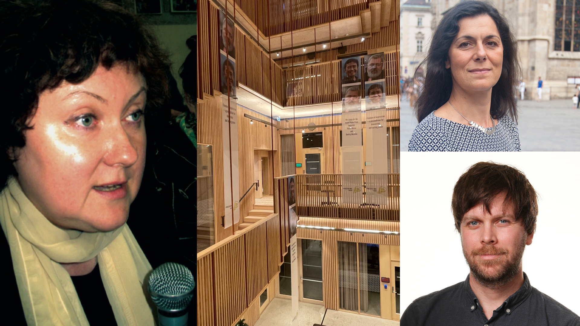 Bildekollasj med Nadia Azghikina, Pressens hus, Barbara Trionfi og Amund Trellevik