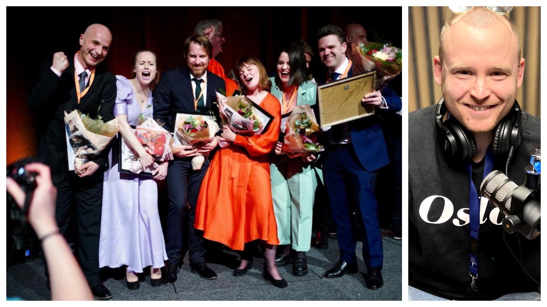 Festglade mennesker som akkurat har vunnet pris og jubler fra scenen, mens de holder diplom og blomster. Til høyre er bilde av Nicolai Delebekk, som leder livepoden på Pressens hus