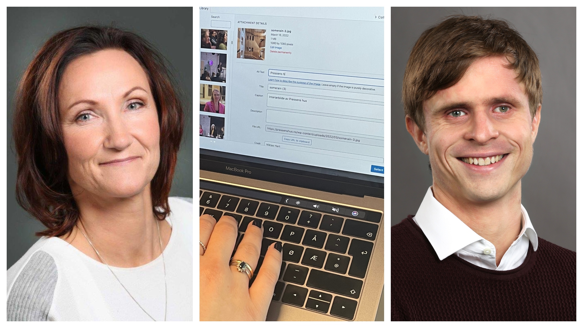 Bildekollasj. Fra venstre: Portrettbilde av Siri Antonsen, med hodet litt på skakke. I midten: illustrasjonsfoto med en kvinnehånd som skriver på en Mac. På skjermen skimter vi Alt Text-feltet og noen bilder. Til høyre: Portrettbilde av Kristoffer Lium, smilende