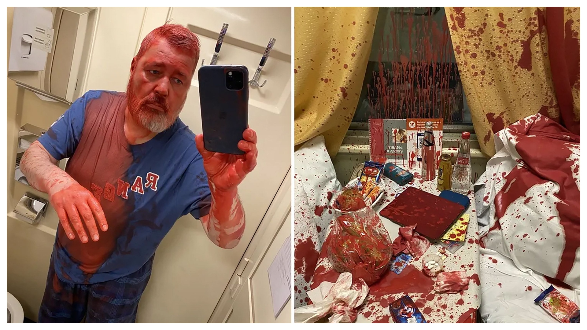 Dmitry Muratov tar selfie hvor han viser at han er angrepet med rød maling på et tog mellom Moskva og Samara. Det neste bildet viser togkupeen, som også er tilgriset av rød maling.