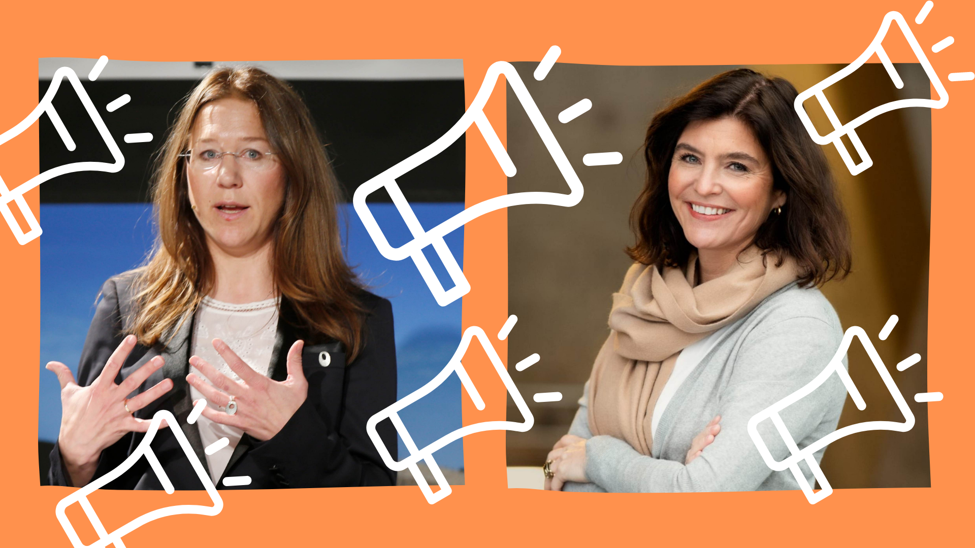 Plakat med bilde av Anine Kierulf som gestikulerer og en smilende Kjersti Løken Stavrum. Oppå bildet er det strektegninger av megafoner med lydstråler